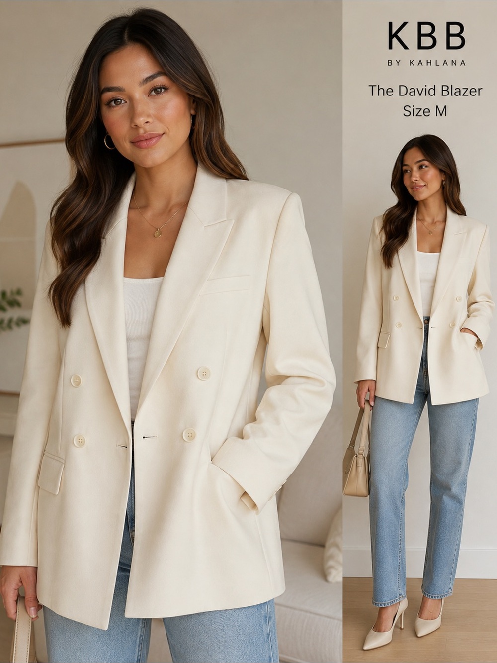 NWT KBB by Kahlana The David Cream Double Breasted Blazer M
